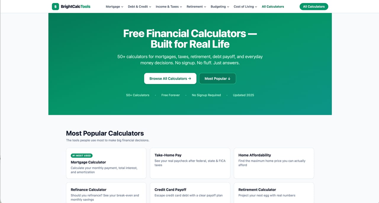 Captura del sitio web de BrightCalc Tools